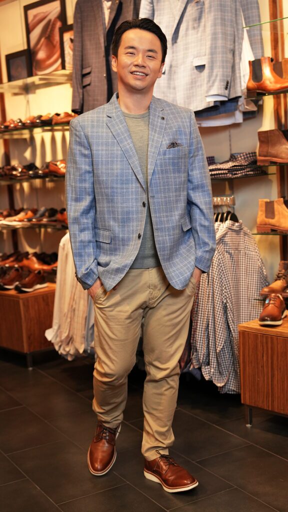 Men dressed in a blazer at a retail store