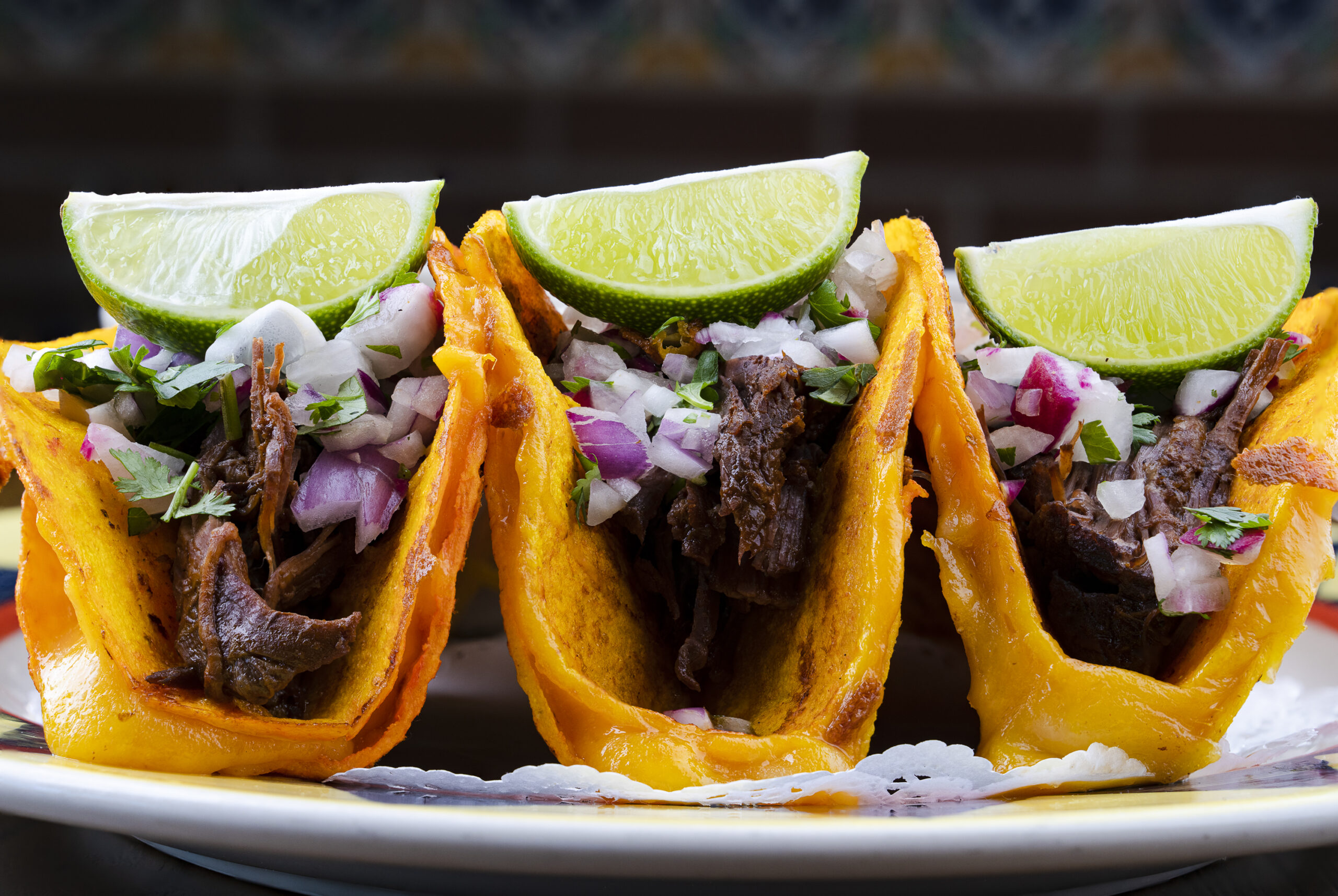 Tacos Staight On Delicious Tacos Close Up with Limes on Top
