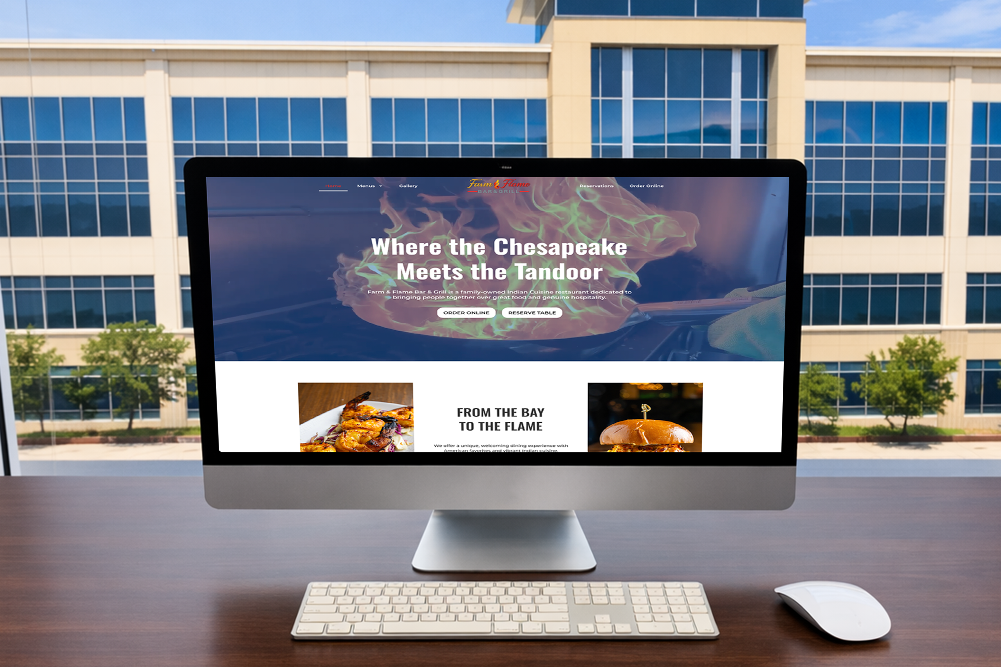 Website Design Services - Computer with website design of homepage looking outside at office in Maple Lawn